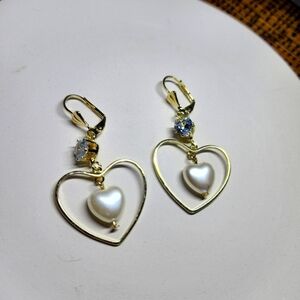 Gold and Pearl Heart Dangle Drop Earrings